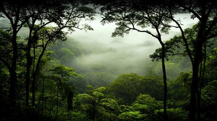 Fototapeta premium Misty rainforest valley seen through trees.