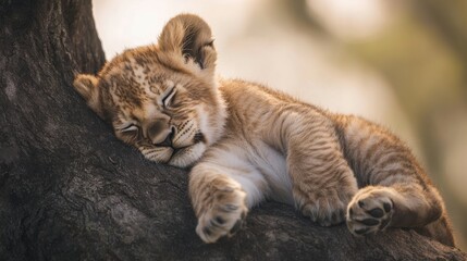 Fototapeta premium Sleeping Lion Cub Resting Peacefully on a Tree Branch in Nature