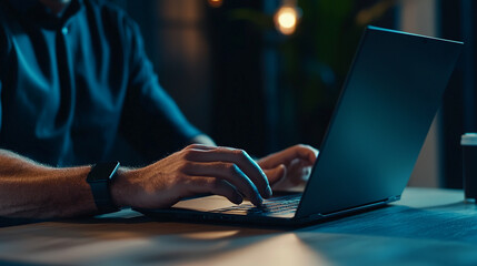Man working late on laptop computer typing night office dark blue desk light hands online screen