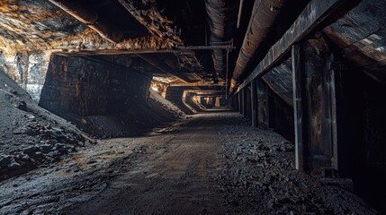 Abandoned coal mine ventilation tunnel interior slung derelict forsaken outcast