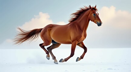 Obraz premium Majestic brown horse running gracefully across a snowy landscape under a clear sky in winter