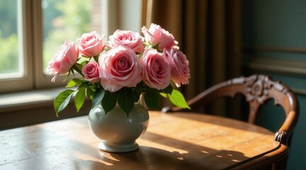Obraz premium A delicate bouquet of pale pink roses, elegantly arranged in a simple vase, sits on a sun-drenched wooden table near an antique chair.