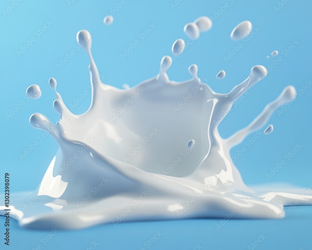 Poster dynamic splash of fresh milk against a soft blue background capturing fluid motion and vibrant color