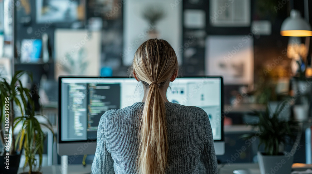 Poster woman programmer working on computer code at home office coding screen career modern future design