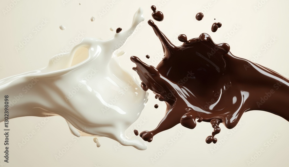 Aufkleber dynamic splash of milk and dark chocolate blending together in an artistic wave with vibrant colors 