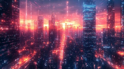 Fototapeta premium A neon grid city where energy pulses through every building