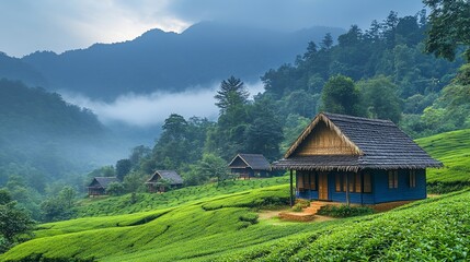 Misty mountain tea plantation with traditional houses.