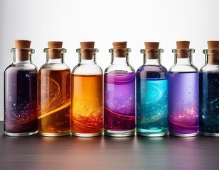 Colorful potion bottles with galaxy-themed liquids 