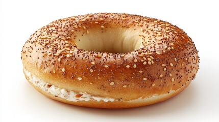  Freshly baked bagel with cream cheese and smoked salmon. A sesame bagel sliced open, spread with cream cheese, and topped with silky smoked salmon and capers.