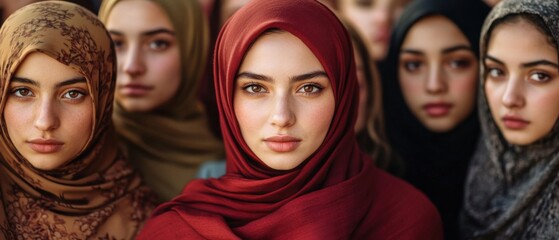 Obraz premium Group of beautiful young adult Muslim women wearing hijabs, standing together in solidarity and empowerment Concept of diversity, culture, and modern Islamic fashion