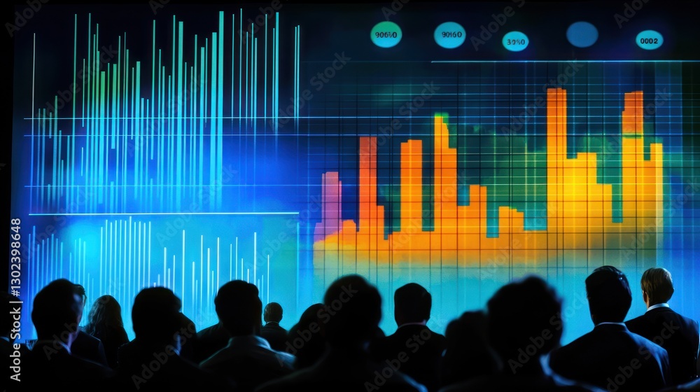 Poster high-energy corporate meeting with charts and data displayed on a large screen.