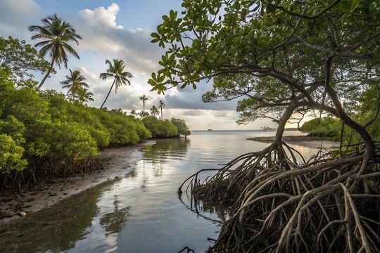 Tropical mangrove forest with calm reflective water, exposed roots, and lush greenery under a soft sunset sky, serene coastal ecosystem, nature conservation

