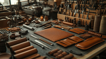 Close-up of assorted leather materials displayed on a workshop table surrounded by crafting tools