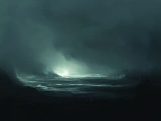 Fototapeta premium Enigmatic Landscape with Dense Fog and Mysterious Light Shining on Serene Water Under a Dramatic Sky at Twilight