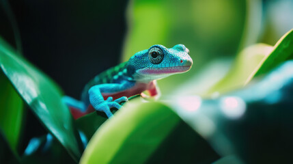 Detailed close-up of a blue lizard with intricate skin texture perched on a vibrant green leaf showcasing natural beauty and wildlife photography techniques