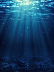 Ethereal Sunlight Beams Illuminating Underwater Scene in Deep Blue Ocean with Gentle Waves and Tranquil Atmosphere Captured in High Definition Photography