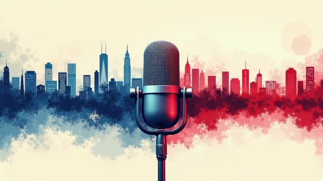 A stock illustration representing Climate action in red, white, and blue, featuring microphones and sound waves, layered with textures and visual hierarchy for clear concept presentation.