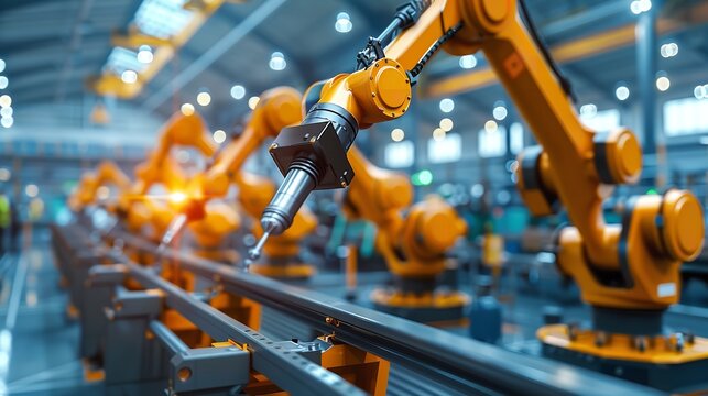 "Modern Industrial Setting with Robotic Arms &ndash; Advanced Manufacturing and Assembly Processes in a Well-Lit Production Facility"