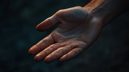 Fototapeta premium Closeup of a sweaty dark brown hand open palm upwards skin body part human image photo macro lines