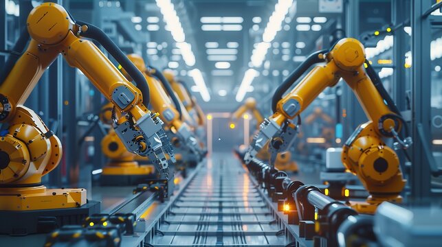 "Modern Industrial Setting with Robotic Arms &ndash; Advanced Manufacturing and Assembly Processes in a Well-Lit Production Facility"
