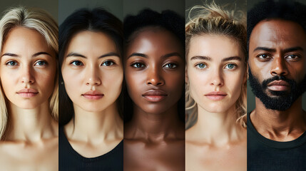 Obraz premium Diversity, beauty and natural with woman friends in studio on a beige background to promote skincare. Portrait, face and smile with a happy female and friend group indoors for luxury cosmetics