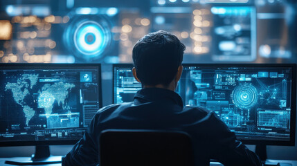Cybersecurity analyst at work monitoring network traffic on multiple screens and analyzing data for potential threats and vulnerabilities in real-time to protect sensitive information