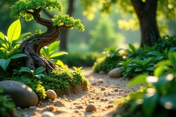 Obraz premium Serene Pathway Through a Lush, Sun-Dappled Garden Featuring a Twisted Bonsai Tree