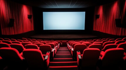 Cinematic Experience in Empty Movie Theater with Red Seats and Screen
