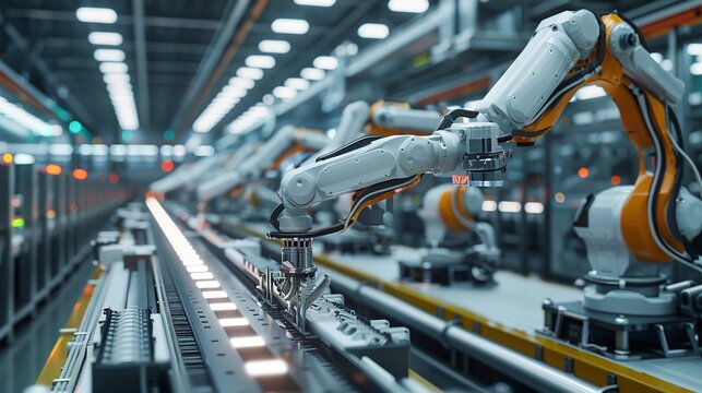 "Modern Industrial Setting with Robotic Arms &ndash; Advanced Manufacturing and Assembly Processes in a Well-Lit Production Facility"