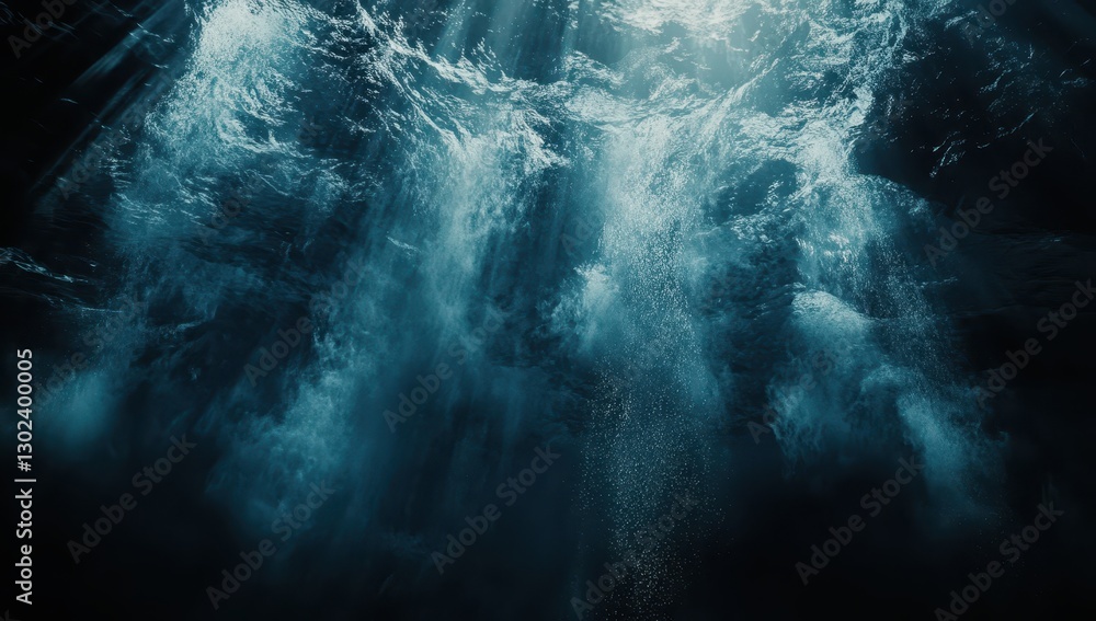 Poster ethereal underwater scene with rays of sunlight penetrating the surface and creating a captivating a