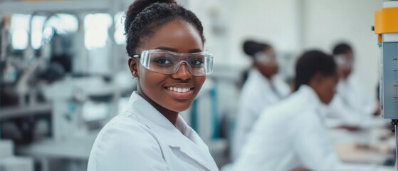 Obraz premium Smiling African American woman scientist wearing safety glasses in laboratory Concept of medical research, science, and healthcare