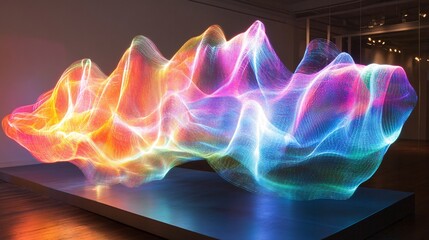 A floating techno-crystal generating waves of pulsating neon light