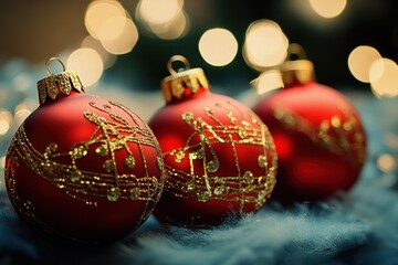 Red Christmas baubles adorned with gold musical notes. Perfect for festive holiday cards, websites, or blogs.