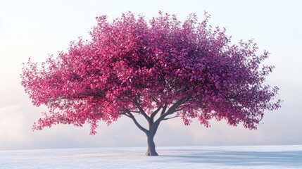 Pink tree blossoms, snowy field, sunrise, digital art, peaceful scene