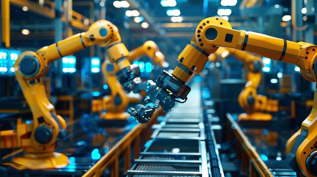 "Modern Industrial Setting with Robotic Arms &ndash; Advanced Manufacturing and Assembly Processes in a Well-Lit Production Facility"