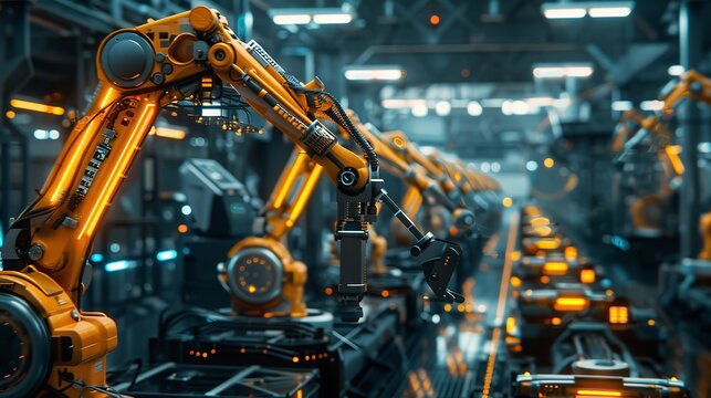 "Modern Industrial Setting with Robotic Arms &ndash; Advanced Manufacturing and Assembly Processes in a Well-Lit Production Facility"