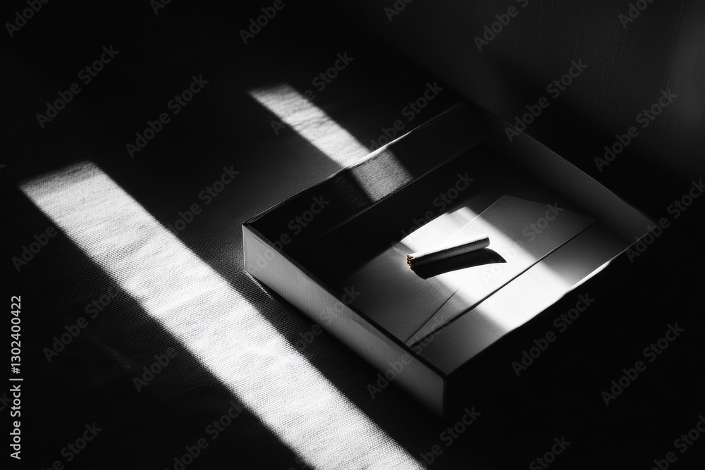 Poster high angle shot of a pack of cigarettes partially open with one cigarette slightly pulled out on a d