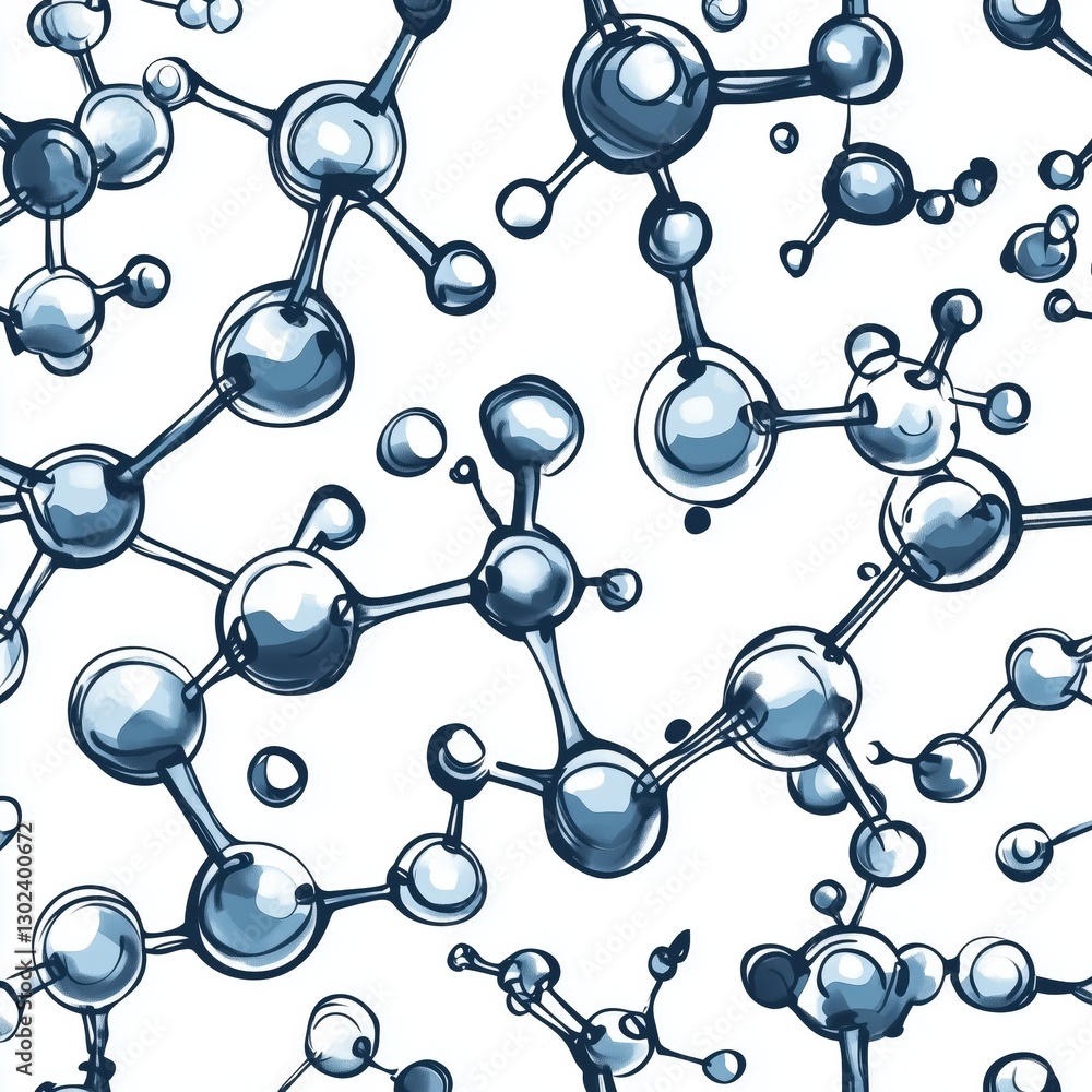 Poster abstract molecular structure illustration displaying interlinked spheres scientific and artistic rep