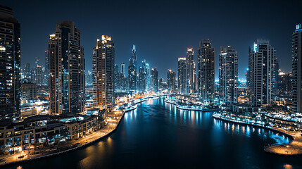 Fototapeta premium Stunning night view of modern cityscape with illuminated skyscrapers and water reflections blue dark
