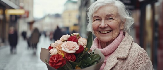 Smiling senior woman holding a bouquet of flowers on a city street, celebrating a special occasion with a gift of love and appreciation