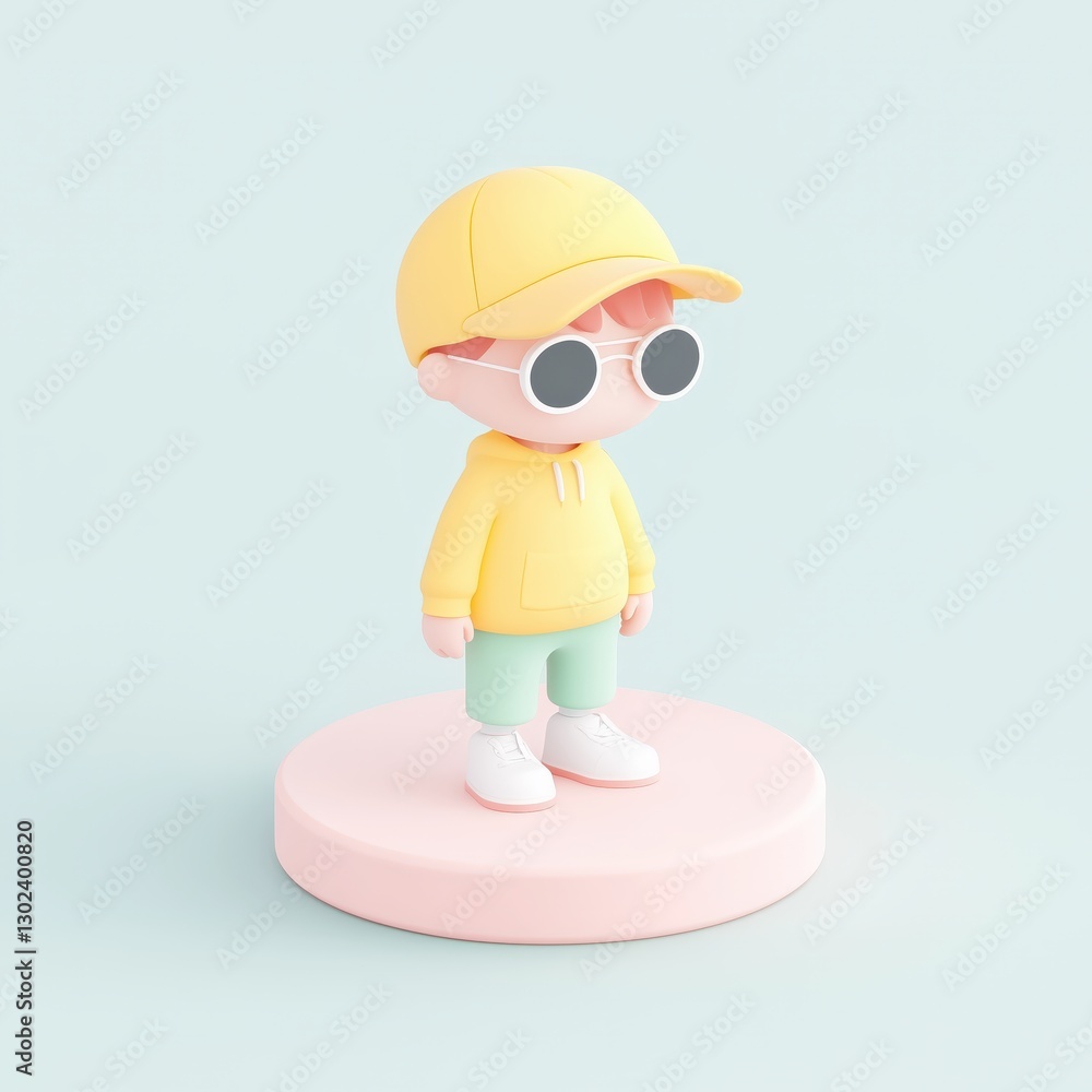 Poster a charming 3d character with sunglasses and a baseball cap stands on a platform creating a whimsical