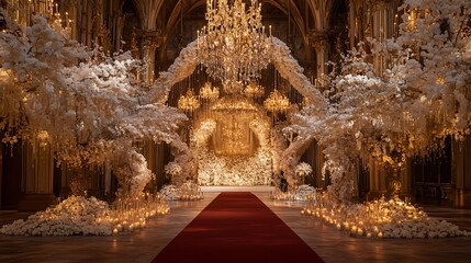 Elegant wedding ceremony setup with white floral arrangements, chandeliers, and red carpet aisle in a grand hall.