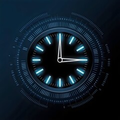 Sleek clock icon with glowing neon hour markers and binary code on dark blue gradient – Suitable for tech innovation, AI, and digital transformation content.