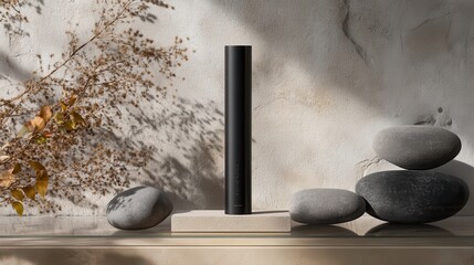 A sleek black cosmetic tube, adorned with a subtle metallic accent, stood proudly on a minimalist glass shelf, nestled amongst a collection of natural elements, including smooth grey stones and dried