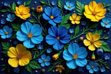 Obraz premium Vibrant Blue and Yellow Paper Flowers Arranged in a Botanical Composition on a Deep Blue Background