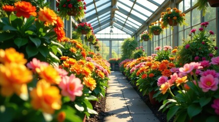 Vibrant Blossoms Flourishing in a Sunlit Greenhouse, a Pathway Lined with Colorful Flowers in Terracotta Pots, Creating a Serene and Peaceful Atmosphere