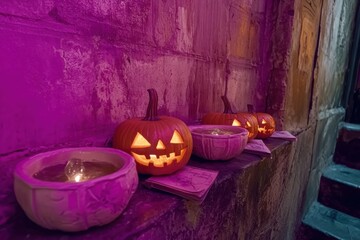 Halloween party Lit jack-o'-lanterns and candles create a spooky ambiance against a textured wall.