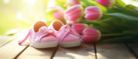 Adorable pink baby shoes with tulips on rustic wood, symbolizing new beginnings, innocence, and springtime joy Concept of baby shower, newborn gift, and motherhood