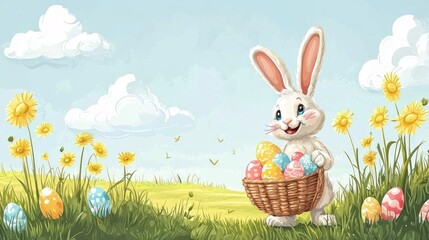 Illustrated Easter banner featuring a cheerful bunny holding a basket of eggs
