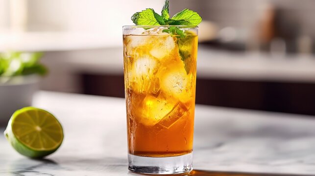 A tall, clear glass held the vibrant elixir of refreshing iced yerba mate, its deep amber color punctuated by the vibrant green of mint and the zesty lime wedge that hinted at its invigorating citrus
